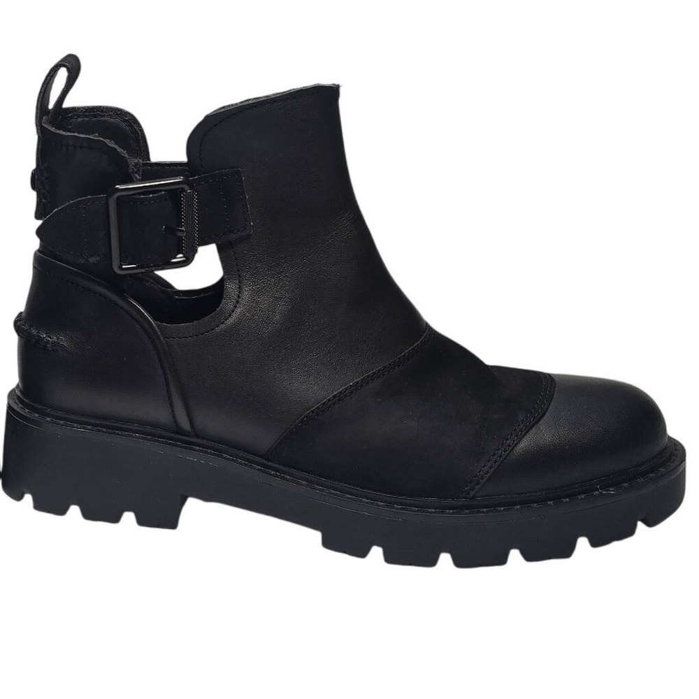 UGG STOCKTON 1103747 Black Leather Cut-Out Buckle Ankle Boots Womens 8 Lug Sole